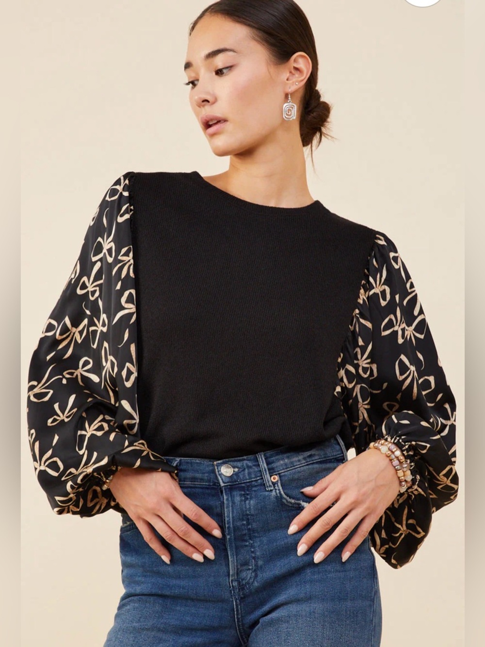 NWT Hayden L.A. Bow  Print Contrast Puff Sleeve Mix Media Top Women's Size 2XL